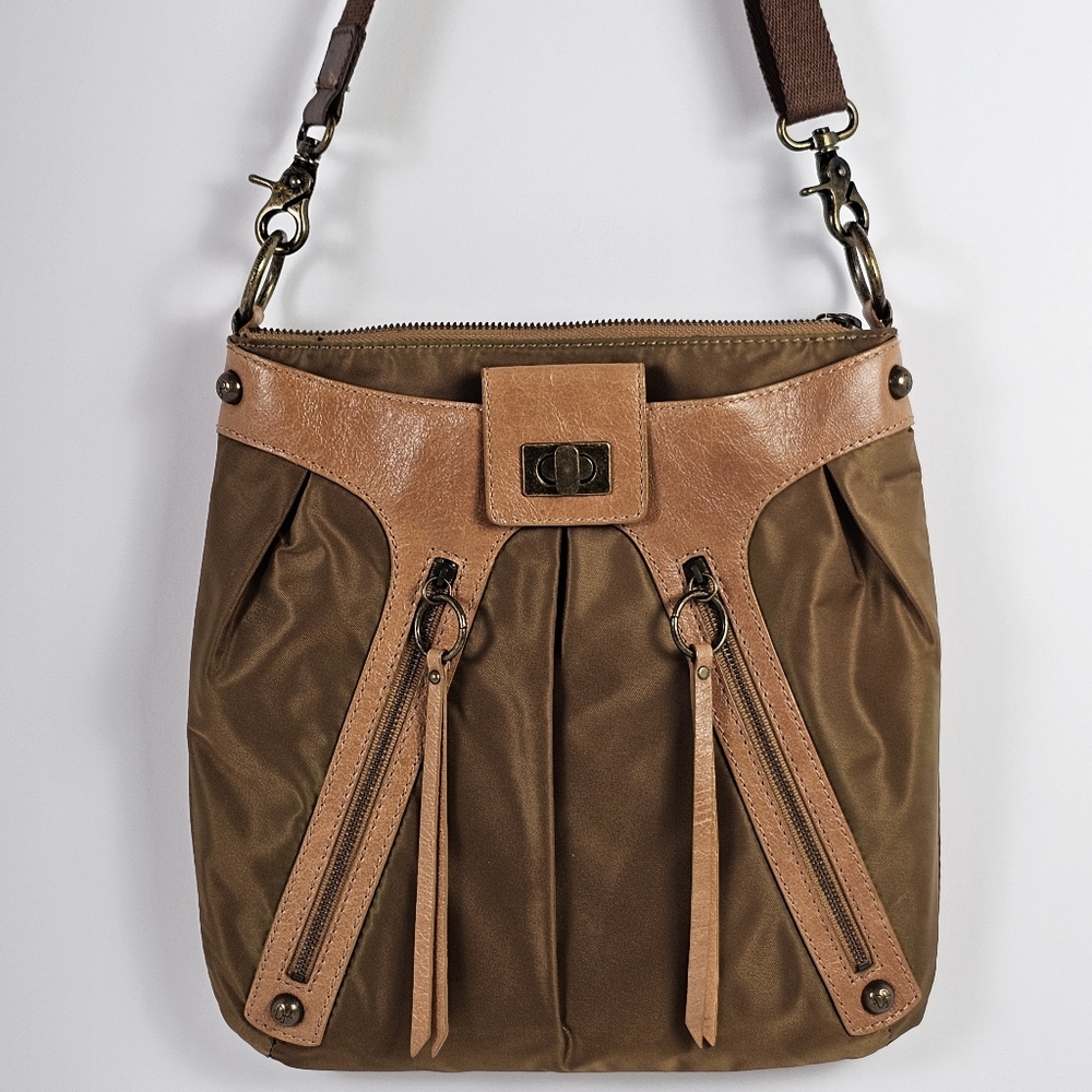 Sold Donald J Pliner Leather Nylon Crossbody Bag Brown Adjustable Strap Pocket